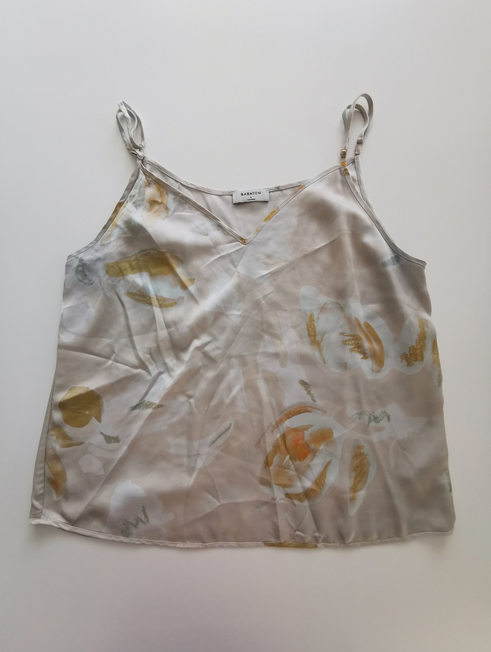 Aritzia Babaton Satin V-Neck Camisole Light Cream Beige With Soft Beige Print